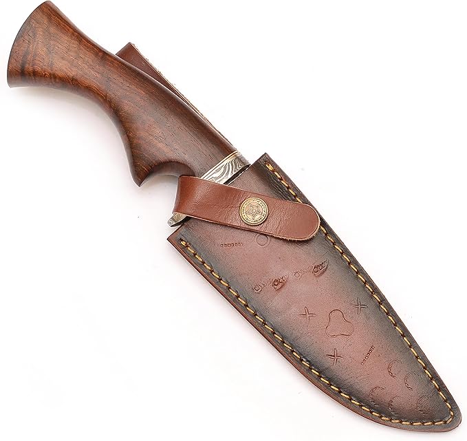 Handmade Damascus Steel Hunting Knife With Sheath Ideal for Outdoor, Skinning, Comping - Fixed Blade Knife with Rosewood Handle.