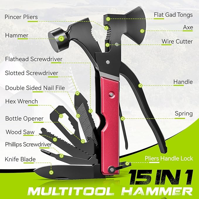 Christmas Cheer Meets Survival Smarts，Cool Gadget Gift - 15-in-1 Multi-Tool Axe Hatchet for Camping，Hiking Enthusiasts