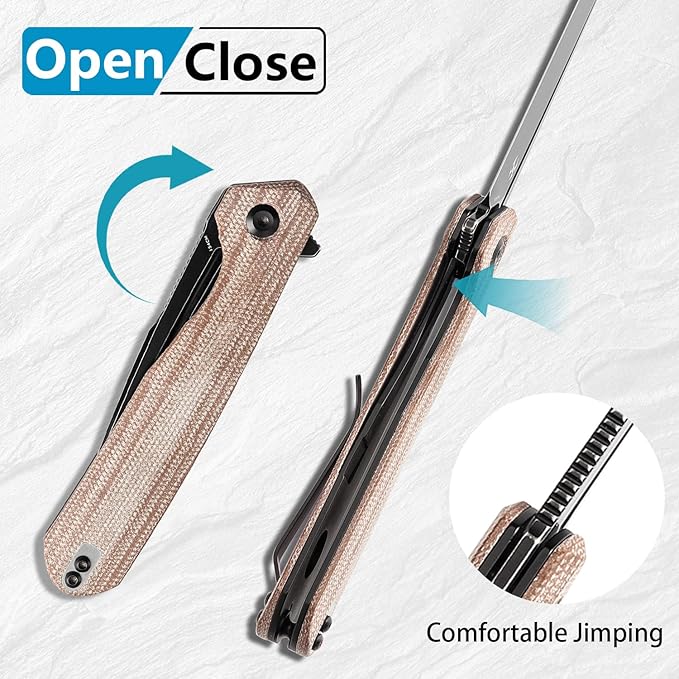 KANSEPT Qilin Pocket Folding Knives for Men EDC Camping Knife 3.24'' Blackwash 154CM Blade with Brown Micarta Handle T1047A3