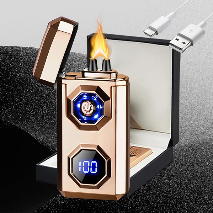 Electric Lighter,Arc Lighters Rechargeable,USB Type-C Fast Charge,High Power Windproof Lighter with LED Battery Display and LED Lighting, Suitable for Camping,Scented Candles(Gold)