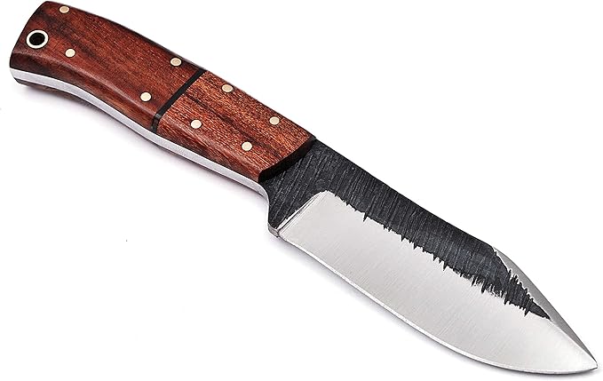 High Carbon Steel Knife, Full Tang Bushcraft Knife - Hunting Knife, Survival Knife, Fixed Blade Knife & Camping Knife with Rose Wood Handle & Leather Knife Sheath