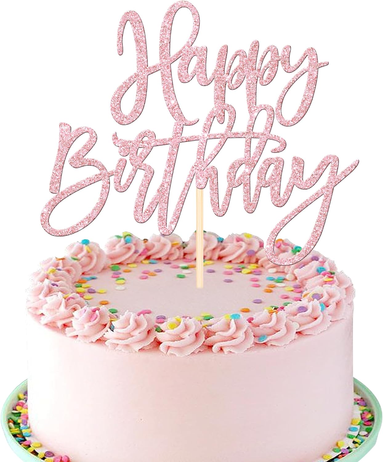 1 PCS Happy Birthday Cake Topper Glitter Cake Pick for Celebrating Anniversary Theme Party Cake Decorations Supplies Light Pink