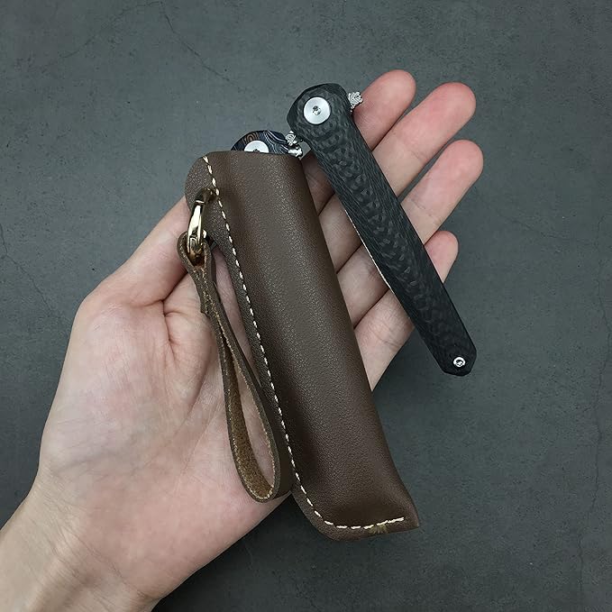 HUAAO Damascus Pocket Knife with Sheath, Gentleman Knife ceo Knife with 2.9’’ Damascus Blade, Carbon Fiber Handle, Liner Lock, Flipper Knife for EDC Outdoor Camping(black)