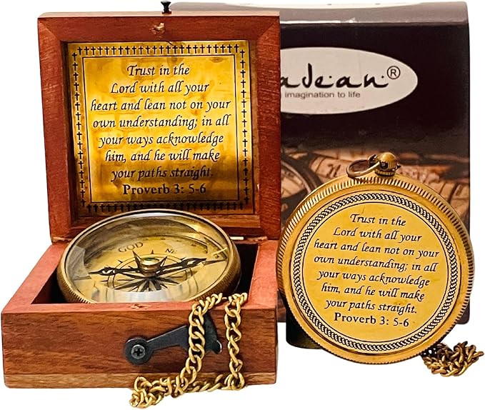 Trust in The Lord - Proverbs 3: 5-6 Engraved Compass, Wood Box Greeting, Inspirational Gift Men, Christian Boys Baptism Gifts, Graduation Day