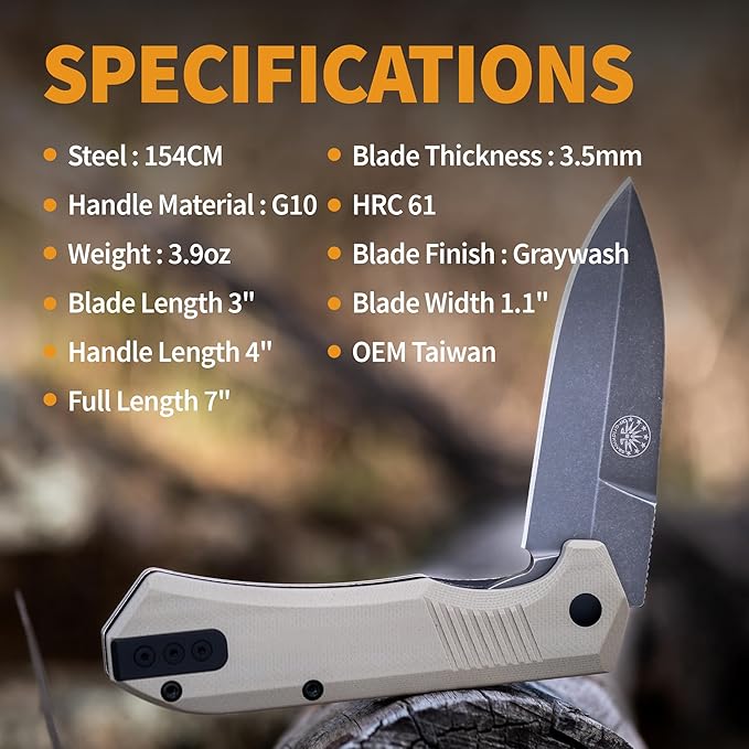 Off-Grid Knives - Stinger EDC Folding Knife with Spear Point Blade, Crucible 154CM Steel, G10 Scales, Deep Carry Clip, Everyday Carry (Coyote Spear Point)