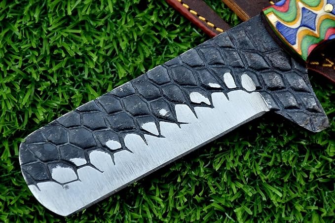 Carbon steel blade Bull cutter knife, 8.5 inches long knife with Leather sheath, Multi color Micarta scale Jigged with sturls, Embossed carbon steel blade