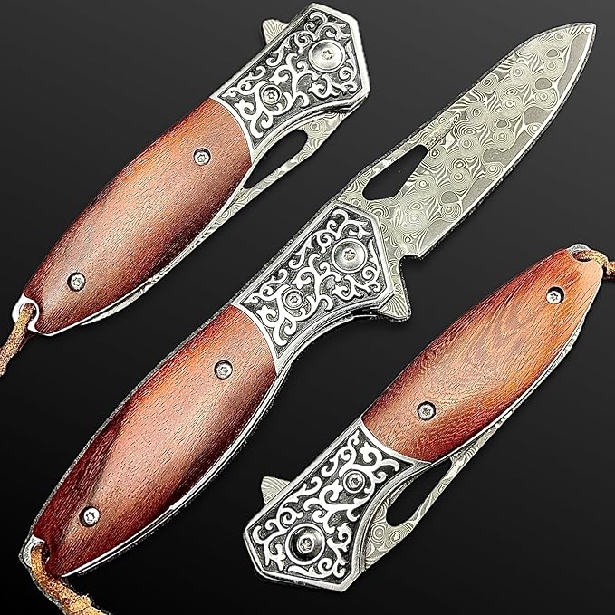 TACTICAL GEARZ Pocket Folding Knife w/Damascus Blade! Rosewood/Steel Handle, Includes Custom Stitched Leather Sheath! (Keno)