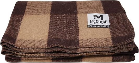 M MCGUIRE GEAR Warm Wool Bunkhouse Plaid Blanket for Camping, Home, Survival, or First Aid, 64" x 90" (Light Brown/Brown)