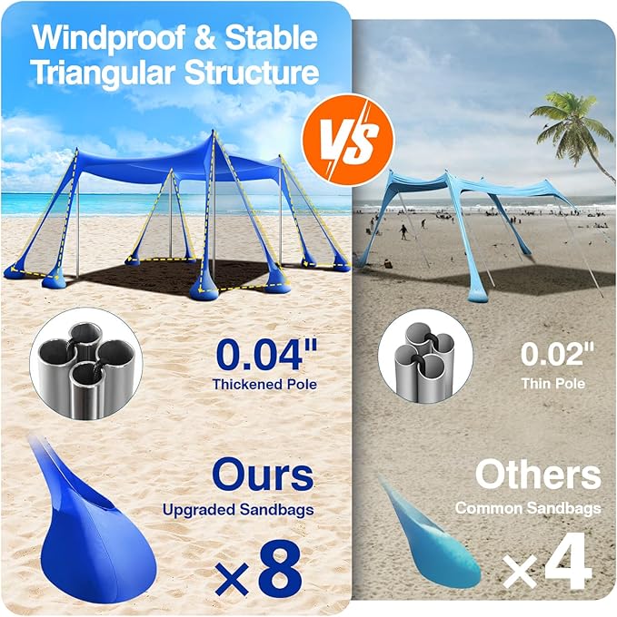 Rhino Valley Beach Tent Sun Shelter, Beach Canopy Tent Sun Shade UPF50+ Protection with 8 Sandbags 4 Stability Poles, Outdoor Beach Shade Canopy for Beach, Camping, Fishing