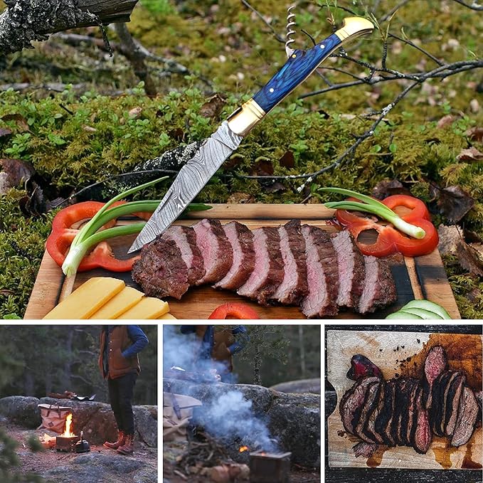 Handmade Damascus Pocket Knife with Sheath, 7" Folding Hunting Knife for Outdoor Camping, Laguiole Pocket Knife, Cork Screw for Wine or Bottle Opener