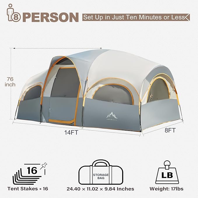 8 Person Tent for Camping, Waterproof Windproof Family Tent with Rainfly, Divided Curtain Design for Privacy Space, Portable with Carry Bag