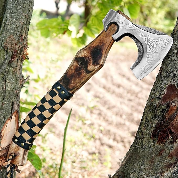 Valhala 19" Custom Gift Hand Forged Viking Axe- Carbon Steel Camping Axe with Rose Wood Shaft - Viking Gifts for Men, Bearded Camping Axe (VALHALA 19)