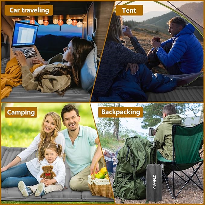 Double Sleeping Pad for Camping, 4.72" Ultra-Thick Self Inflating Camping Pad 2 Person with Pillow Built-in Foot Pump Portable Camping Pad for Backpacking, Hiking, Tent, Traveling(Grey)