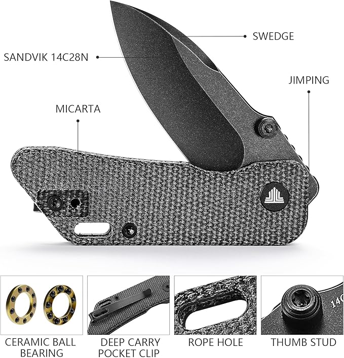 Pocket Knife for EDC,2.32in Black Stonewashed 14C28N Stainless Steel Blade,Black Micarta Handle,Thumb Studs Folding Knives with Reversible Deep Carry Clip for Men,Bootes-04B