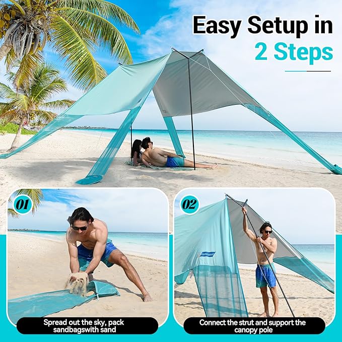 INSTANTENT® 15x9FT Beach Tent for Family, with UPF50+ Protection, Includes Sand Bags, Ground Pegs, Stability Poles, Easy Setup Beach Shade Canopy for Camping, Fishing, Backyard (Turquoise)