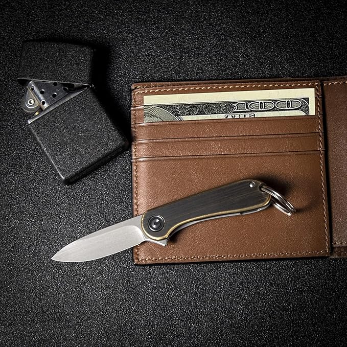 CIVIVI Mini Elementum Flipper Pocket Knife, Small folding Knife with 1.83" 14C28N Blade, Brass and Stainless Steel Handle C18062Q-1