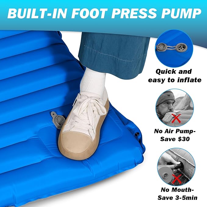 OUTSKIRT 4" Thickness Sleeping Pad with Built-in Foot Pump, Lightweight & Ultra-Comfort Camping Pads - Perfect for Camping, Hiking, Backpacking & Outdoor Adventures, Blue