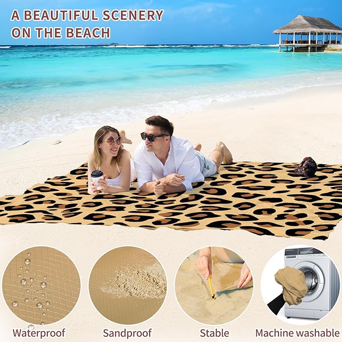 BYDOLL Beach Blanket 78''×81'' 1-4 Adults Leopard Waterproof Sandproof Oversized Lightweight Beach Blanket Large Picnic Mat Beach Blanket for Beach Travel Camping Hiking Picnic