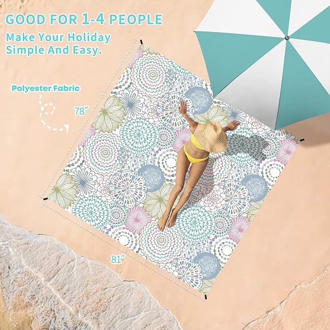 BYDOLL Beach Blanket Sandproof Waterproof 78''×81'' 1-4 Adults Compact Lightweight Oversized Beach Blanket Large Picnic Mat Beach Blanket for Travel Camping Hiking Picnic