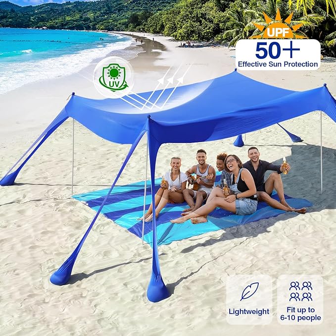 Rhino Valley Beach Tent Sun Shelter, Beach Canopy Tent Sun Shade UPF50+ Protection with 8 Sandbags 4 Stability Poles, Outdoor Beach Shade Canopy for Beach, Camping, Fishing