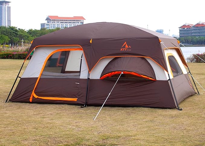 KTT Extra Large Tent 10-12-14 Person(Style-B),Family Cabin Tents,2 Rooms,3 Doors and 3 Windows with Mesh,Straight Wall,Waterproof,Double Layer,Big Tent for Outdoor,Picnic,Camping,Family Gathering