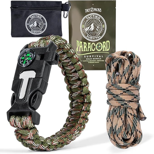 Bracelet & 10' Paracord Bundle – Fire Starter, Compass, Emergency Whistle, Mini Saw - Tactical Outdoor Survival Gear for Camping, Hiking, and Emergency Kits - U.S. Company