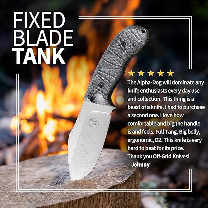 Off-Grid Knives - Alpha-Dog Heavy Duty Fixed Blade Knife, 5mm Thick Cryogenic D2 Blade Steel, Full Tang, G10 Scales, XL Handle