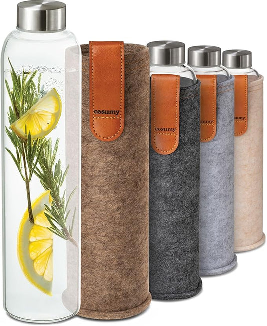Glass Water Bottle 25oz with Felt Sleeve - Borosilicate Glass - Leakproof Lid - BPA Free - Glass Bottles for Beverage and Juicing (Sand Brown)