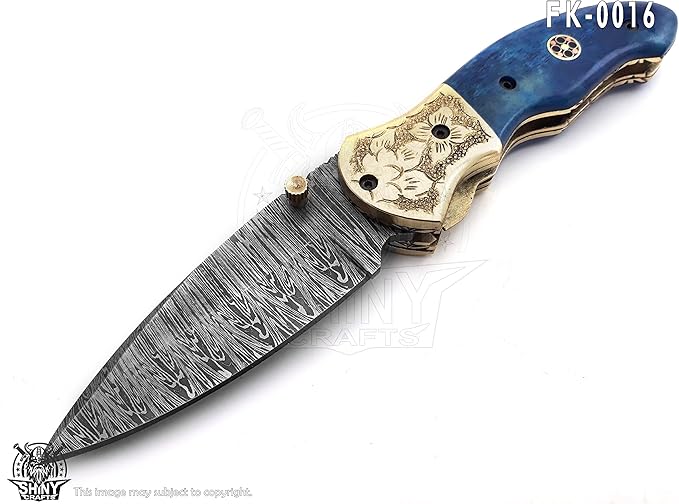 SHINY CRAFTS - Damascus Pocket Knife Knives For Men Military Knife Survival Knife- Folding Knives - Everyday Carry - PlainEdge - Leather Sheath (FK 16)