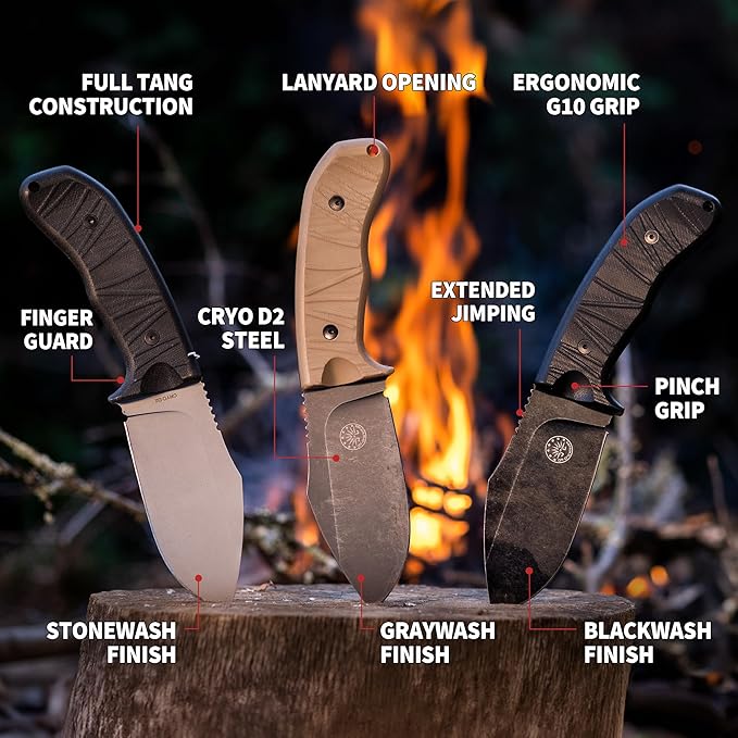 Off-Grid Knives - Alpha-Dog Heavy Duty Fixed Blade Knife, 5mm Thick Cryogenic D2 Blade Steel, Full Tang, G10 Scales, XL Handle