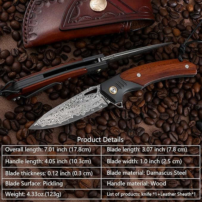 Handmade Forged Damascus Steel Folding pocket Knife, 3.07inch Damascus Steel Blade and 4.05inch Wood Handle,with pocket Clip,Retro Leather Sheath, EDC Pocket Knives for Camping Tactical Outdoor Knife.