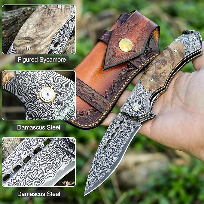 Damascus Steel Folding pocket Knife,with leather case,3.89in VG10 steel core Blade,Damascus Steel and Figured Sycamore wood handle,Suitable for Hiking carry EDC Knife