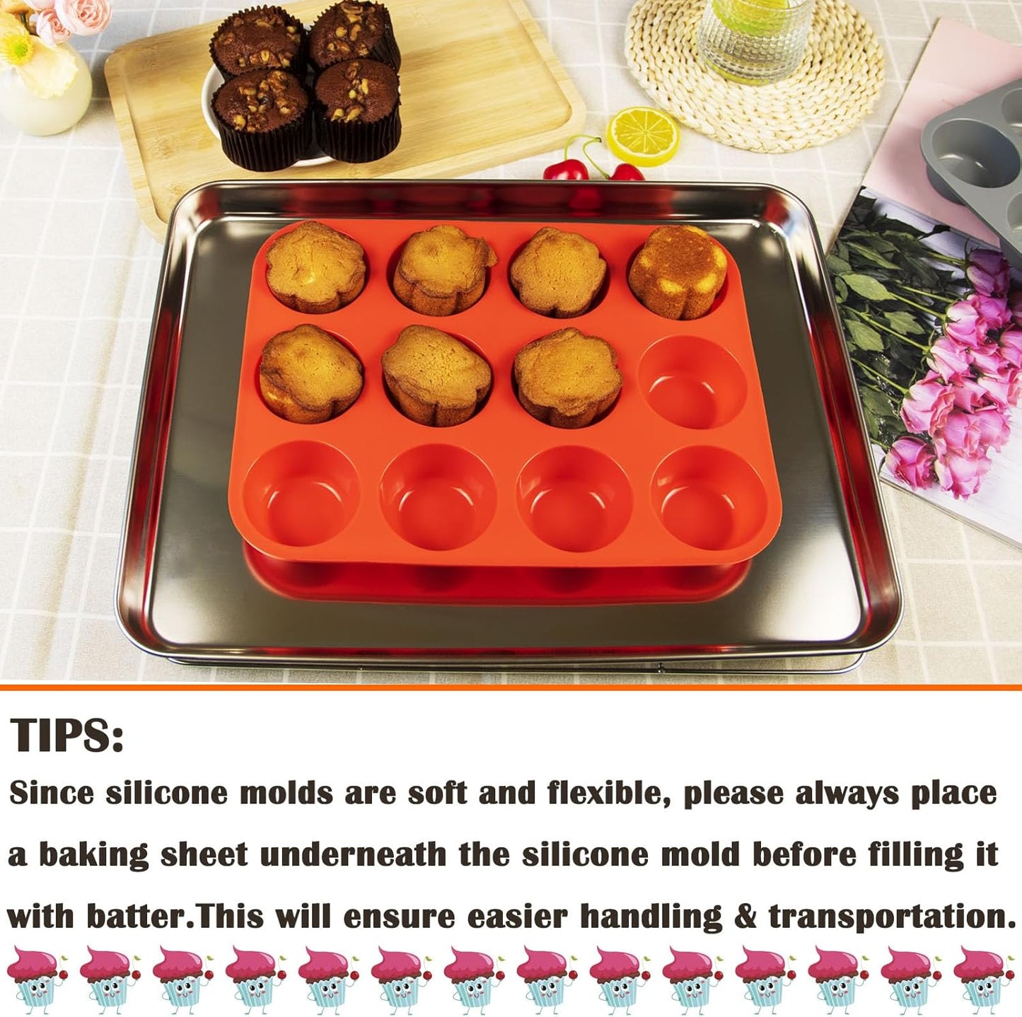 12 Cups Silicone Mini Muffin Pan Set, Nonstick Mini Cupcake Pans, BPA Free Small Muffin Tin for Baking, Set of 2 (Red+Red)