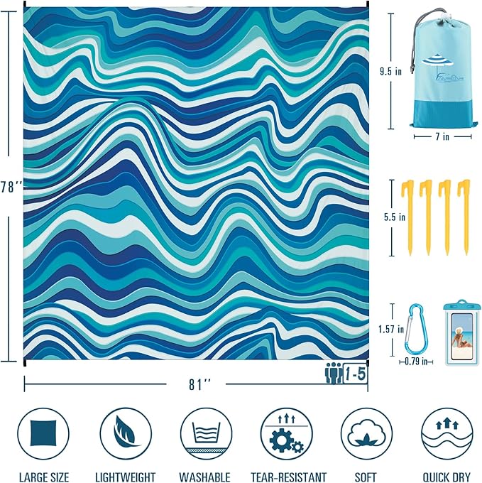 Beach Blanket Sandproof Waterproof 78''×81''1-5 Adults Oversized,Compact Lightweight Durable Beach Mat for Travel Camping Hiking Picnic Blanket