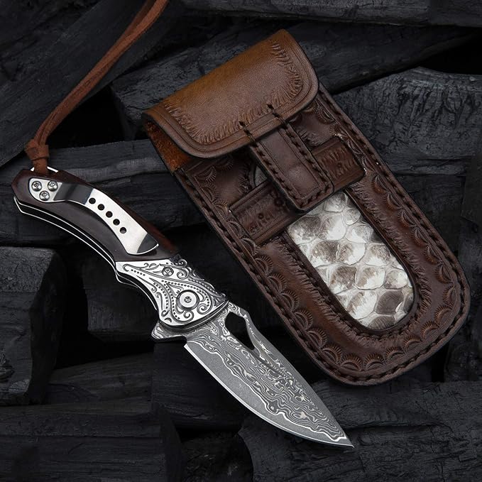 Japanese handmade vg10 damascus steel folding knife with pocket clip,leather sheath,rosewood handle knives for men