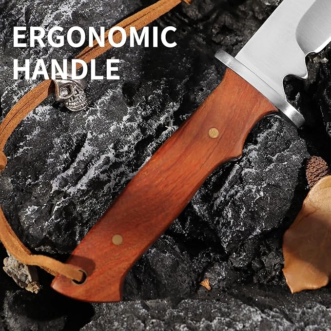 Compact fixed blade outdoor knife, 3.4 inch stainless steel fixed blade, with leather knife cover, brown wooden handle, suitable for EDC, outdoor, camping, hiking