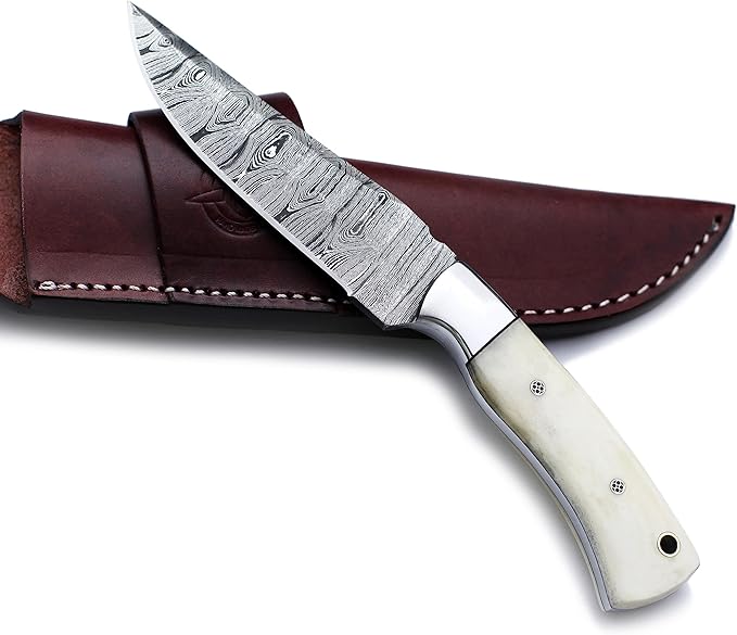 Handmade Damascus Steel Knife Bowie for Hunting,Survival,Camping,Bushcraft,and Fishing- Fixed Blade Dagger with Drop point Full Tang Micarta Handle, Leather Sheath - WKD-803
