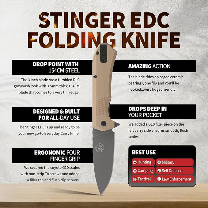 Off-Grid Knives - Stinger EDC Folding Knife with Drop Point Blade, Full Flat Grind, Crucible 154CM Steel, G10 Scales, Deep Carry Clip, Everyday Carry (Coyote)
