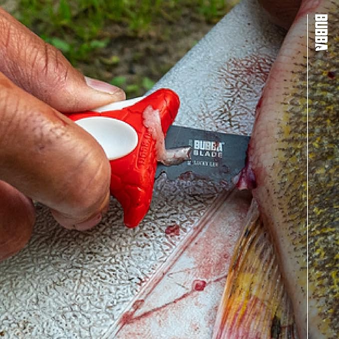 BUBBA 5 Inch Lucky Lew Folding Compact Fillet Knife with Non-Slip Grip Handle, Stainless Steel Blade, Lanyard Hole and Synthetic Carry Case for Gutting, Fishing and Hunting