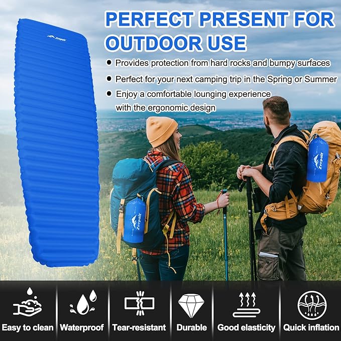Sleeping Pad for Camping - Ultralight Inflatable Sleeping Mat for Camping Backpacking Hiking Tent Traveling - Portable Compact Lightweight Waterproof Air Mattress with Inflating Bag - Blue
