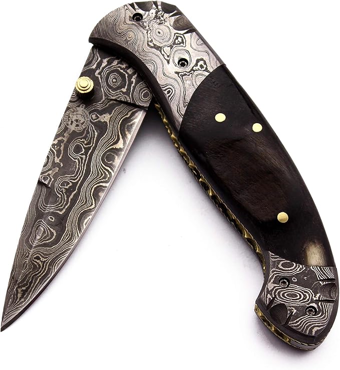 Handmade Damascus Folding Pocket Bowie Knife For EDC,Hunting,Survival,CampingBushcrfat,Skinning and Fishing with Full Tang Micarta and Cowhide-Leather Sheath For-Men and Women-(DCF97 - Fireball)
