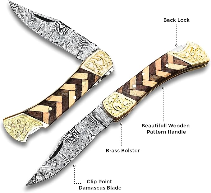 Handmade Damascus Pocket Knife with Sheath, 7" Folding Hunting Knife with Wood Handle, Small Camping Knife for Outdoor