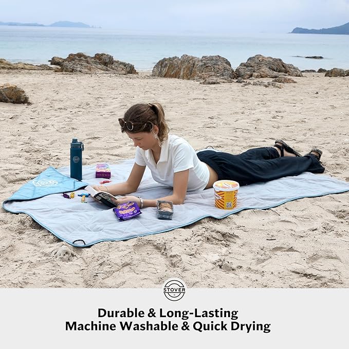 STOVER Outdoor Waterproof Fleece Travel Blanket for Camping, Picnics, Stadiums, Sports, Boating, The Beach– Warm, Windproof, Compact, Lightweight & Sand-Resistant w/Packable Carrying Bag (Light Blue)