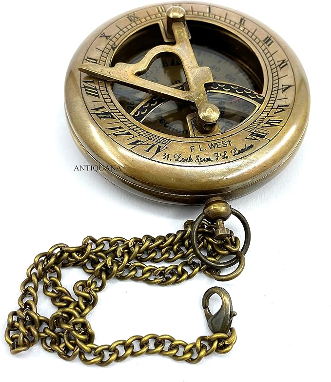 Brass Compass Unique Sundial Engraved Compass With Leather Case Antique Brass Compass With Chain A Great Gift Item For Your Loved Ones Hikers And Traveler By
