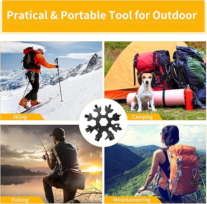 FZENeast Snowflake Multitool, 3 Pcs 18-in-1 Stainless Steel Snowflake Standard Multitool, Snowflake Wrench with Key Ring, Carabiner Clip and Storage Pouch (Black)