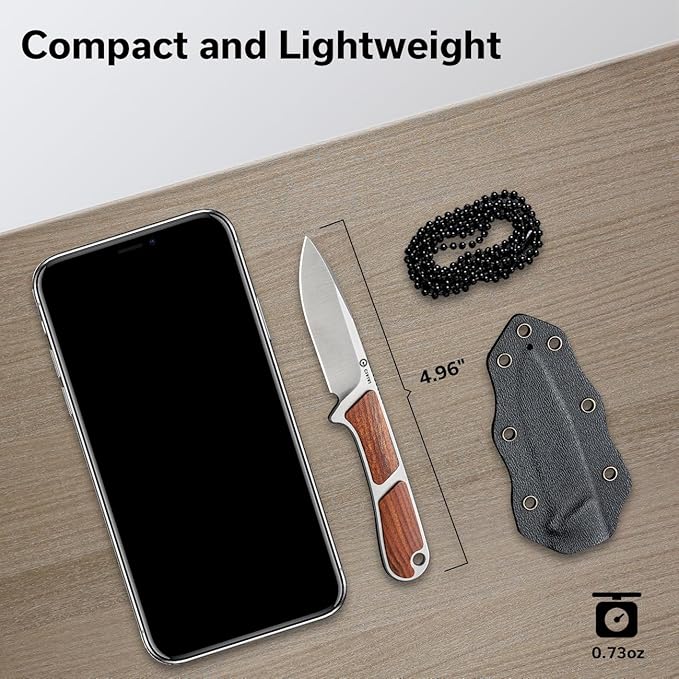 CIVIVI Mini Elementum Fixed Blade Knife with a Kydex Sheath and a Chain for EDC Neck Carry, Small Skeletonized Full Tang Knife with 2.24" Nitro-V Blade Wood Handle C23010-4