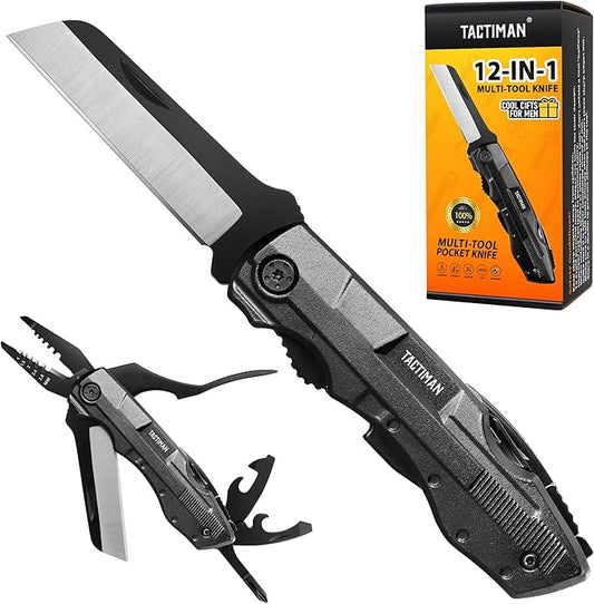 Gifts for Men Dad Him, Camping Survival Hiking Knife 12-in-1 Multitool Electrician Knife 5-Size Wire Stripper 9-Pack Screwdrivers, Mens Gifts for Fathers Day Christmas Birthday Valentines Day