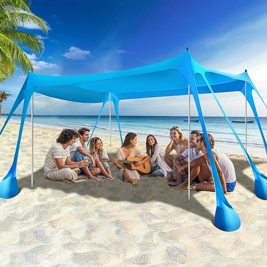 Rhino Valley Beach Tent Sun Shelter, Beach Canopy Tent Sun Shade UPF50+ Protection with 8 Sandbags 4 Stability Poles, Outdoor Beach Shade Canopy for Beach, Camping, Fishing
