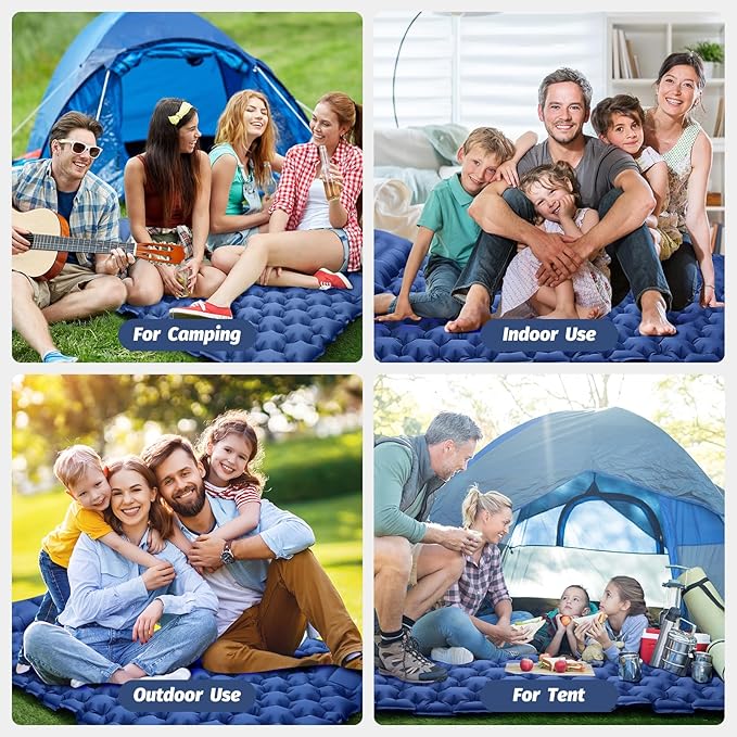 LAMA Double Sleeping Pad for Camping, 2 Persons Self Inflating Camping Mat for Sleeping, Ultralight Sleeping Mat with Pillow Built-in Pump, Ultra-Thick Air Mattress for Backpacking, Hiking, Blue