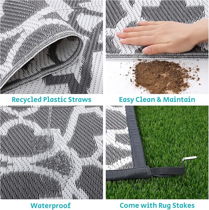 HEBE Outdoor Rug 9'x12' for Patios Waterproof Clearance Reversible Patio Mat Plastic Straw Rug RV Camping Mat Outside Area Rug Carpet for Camping RV,Porch,Deck,Balcony,Camper,Backyard